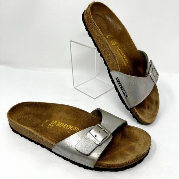 Birkenstock Women 38 US 7 Madrid Silver Leather Sandal Comfort slip on walk Flat - Picture 1 of 13